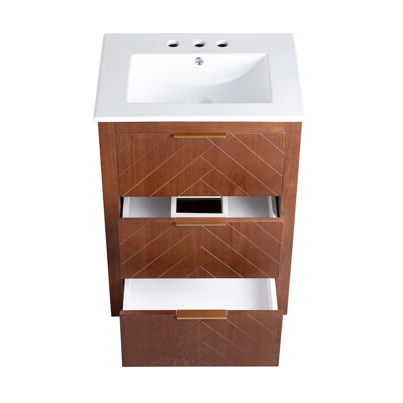 Daxton 24 In. Brown Walnut Bathroom Vanity With White, 3-Hole Ceramic Sink Top