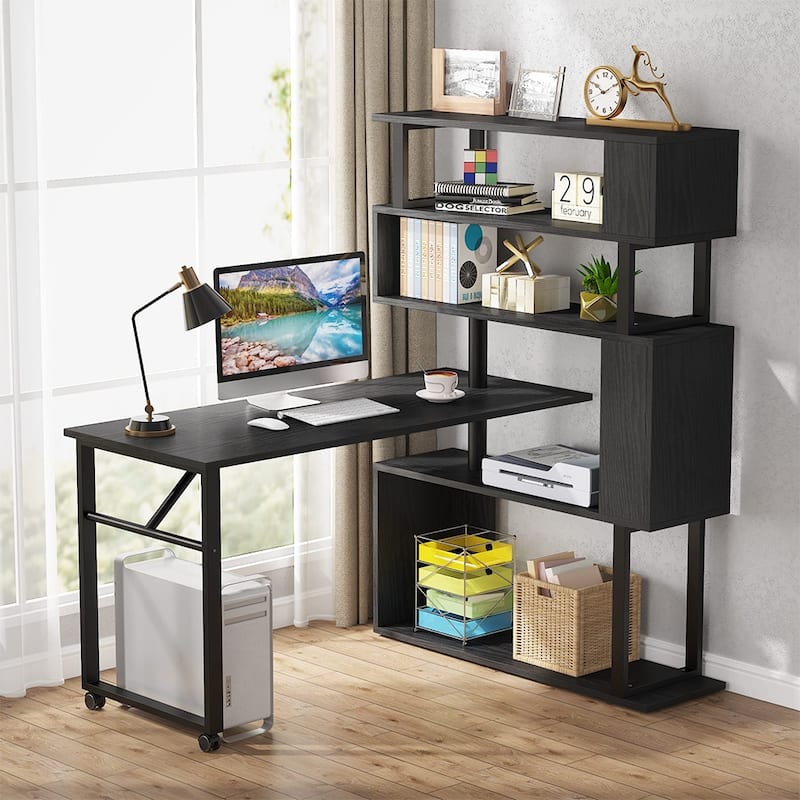 Reversible L-Shaped Computer Desk with 5 Shelves, Wheels