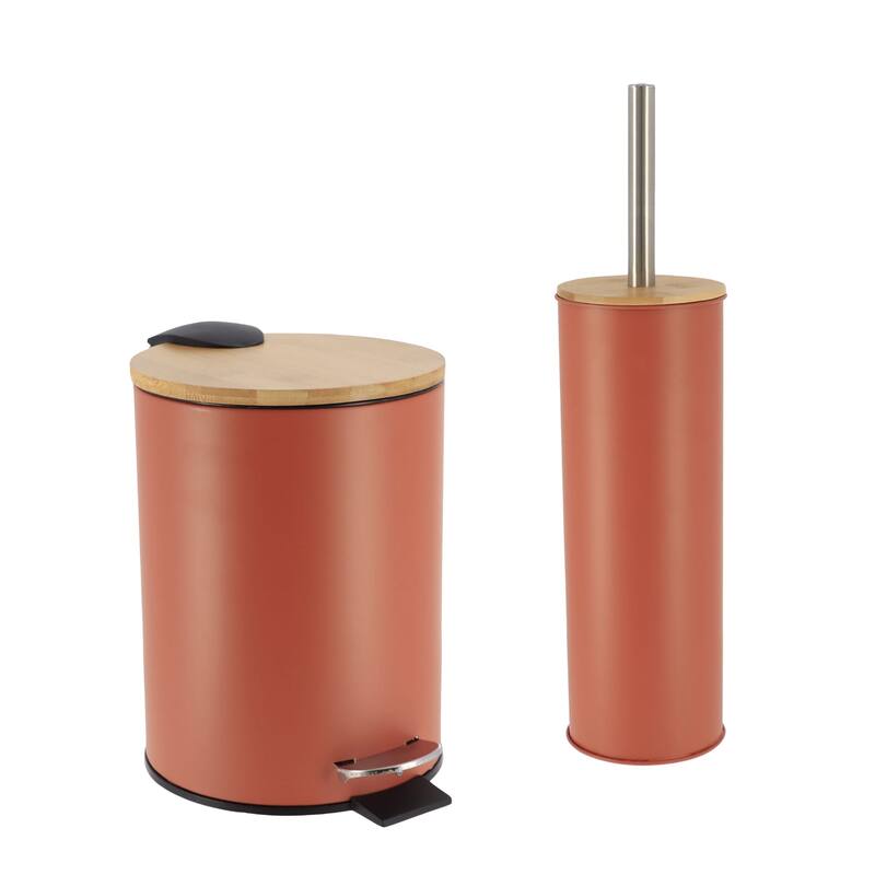 Bathroom Set with Bamboo Lid - Matte Metal Trash Can and Toilet Brush - 15.6" H x 11" L x 11" W - Terracotta