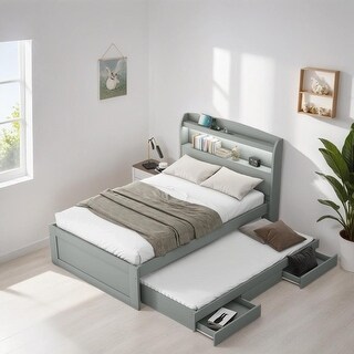 Storage Twin Size Platform Bed with LED Headboard, Trundle and 2 Drawers