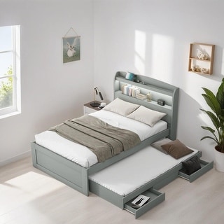 Twin XL Size Platform Bed with LED Headboard, Storage Bed with Charging Station, Trundle and 2 Drawers, Subdued Gray