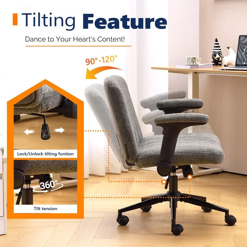 Chenille Swivel Chair With Adjustable Flip-Up Arms For Cross-Legged