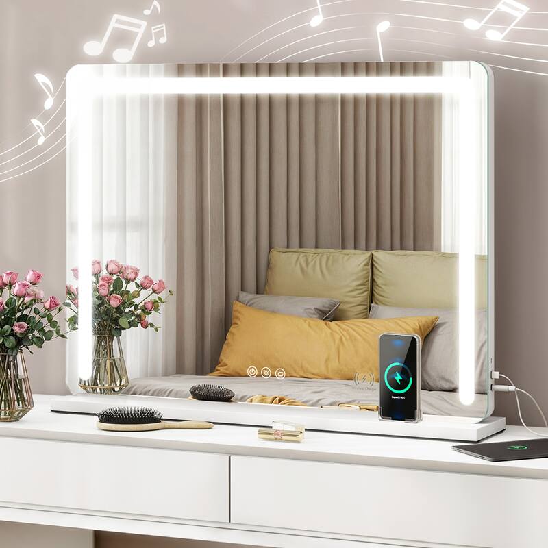 Moasis LED Lighted Makeup Mirror with Touch Screen 3 Colors Lighting Vanity Mirror w/ Wireless Charger and Speaker