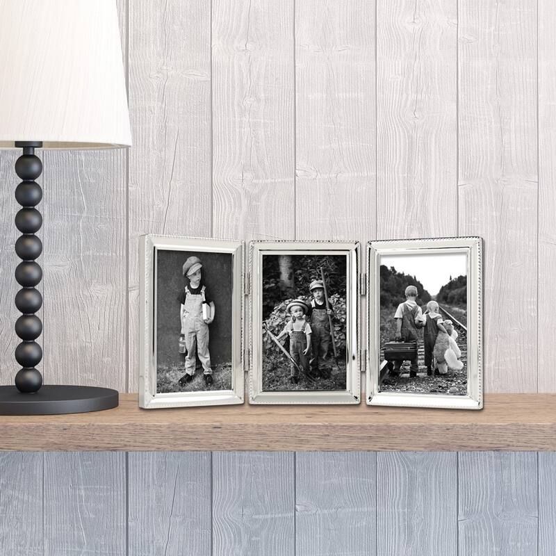 Curata Silver-Tone Portrait Hinged Polished Beaded 3x5 Triple Photo Frame