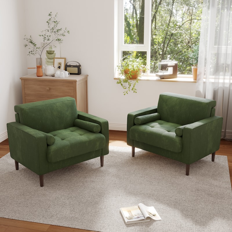 Corduroy Upholstered Accent Chair with Bolster Pillows Set of 2