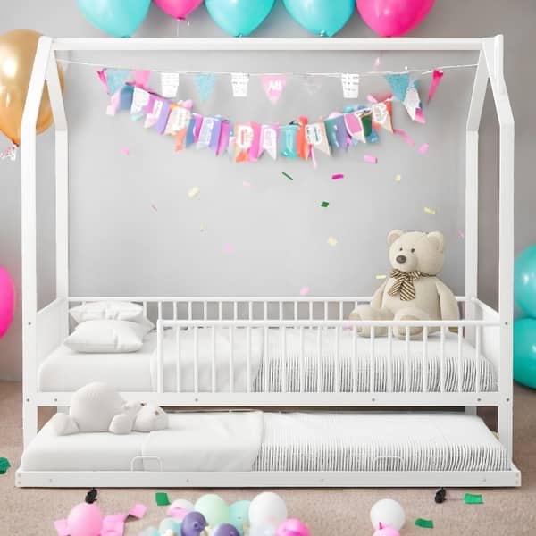 slide 2 of 16, House-Shaped Metal Full Size House Bed with Fence and Twin Trundle,Kids Bed Design White