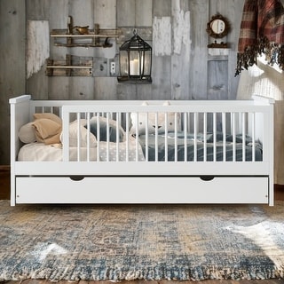 Wood Twin Size Platform Bed with Guardrail,Trundle and Open Fence Design,Kids and Baby