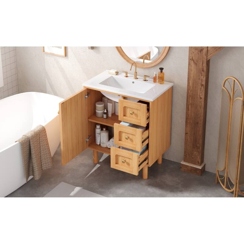 Roomfitters 30 Inch Bathroom Vanity with Ceramic Sink, Farmhouse Storage Cabinet with 3 Sliding Bins & Soft Close Door, Natural