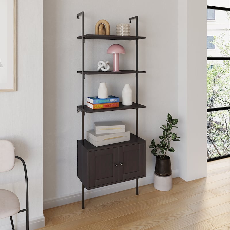 happimess Tulare 72.05" MidCentury Industrial 4-Shelf Wood Wall-Mounted Open Ladder Bookcase with Cabinet and Metal Frame