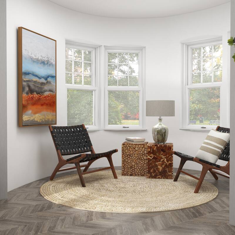 Brown Teak Wood Handmade Square Block Side End Accent Table with Mosaic Wood Chip Design