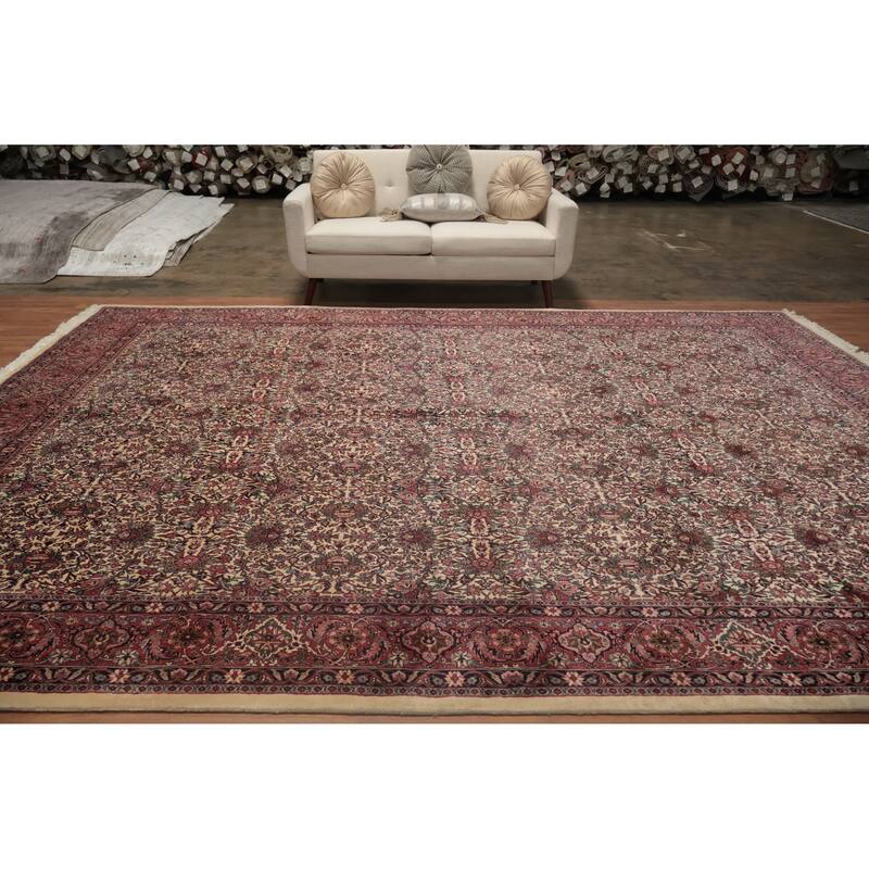 Hand Knotted Oriental 100% Wool Carpet Traditional All-Over Beige & Ivories Bidjar Area Rug - 13' 5'' X 9' 10''