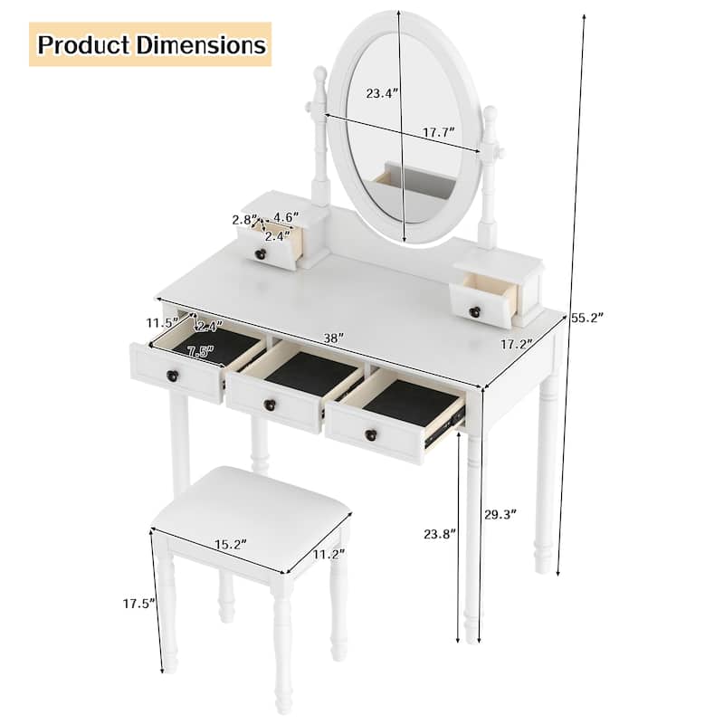 Vanity Desk with Adjustable Angle Mirror,Vanity Makeup Table and Cushioned Stool Set with Velvet Fabric Lining 5 Drawers
