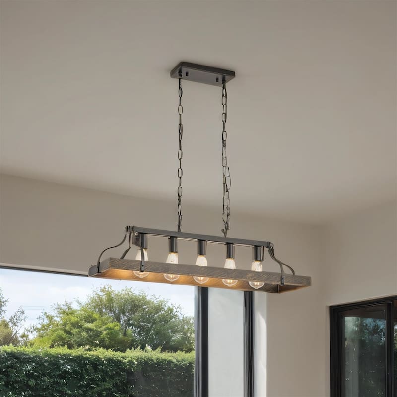 34" Black & Gold 5-Light Pendant - Adjustable Vintage Chandelier