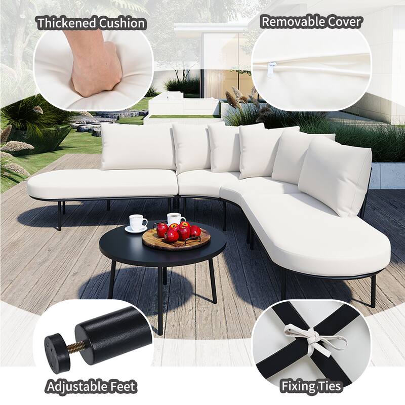 Outdoor Patio Half-Moon Sofa Set w/ Cushions, Coffee Table,All-Weather