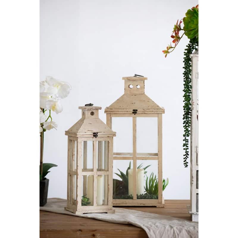 Set of 2 White Distressed Finish Reed Candle Hanging Lanterns 25"