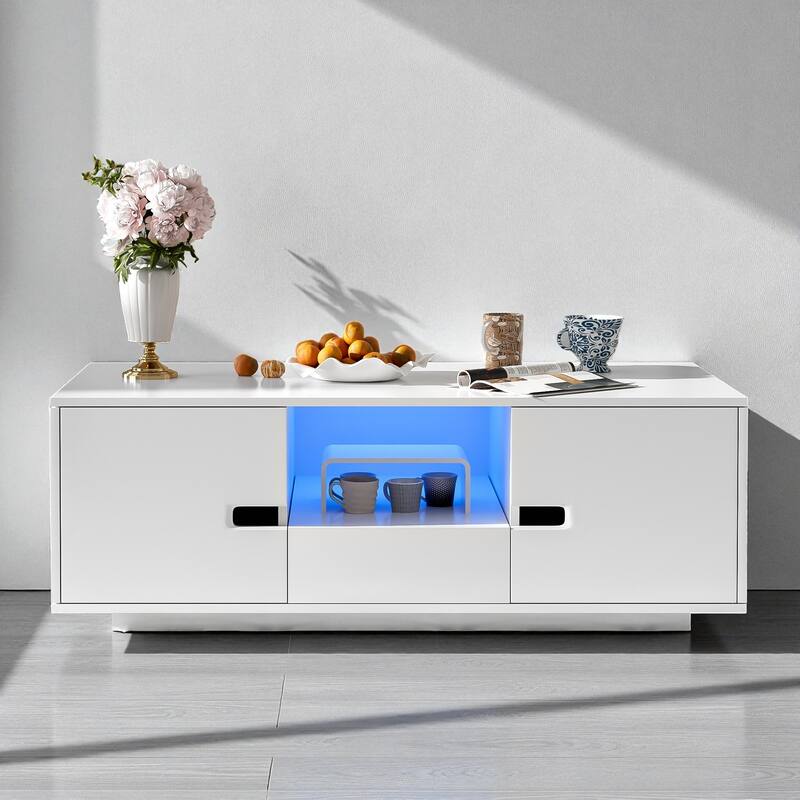 47.2'' Modern High Gloss LED Coffee Table with Storage, Rectangle Center Table with 16 Color Lights for Living Room - White
