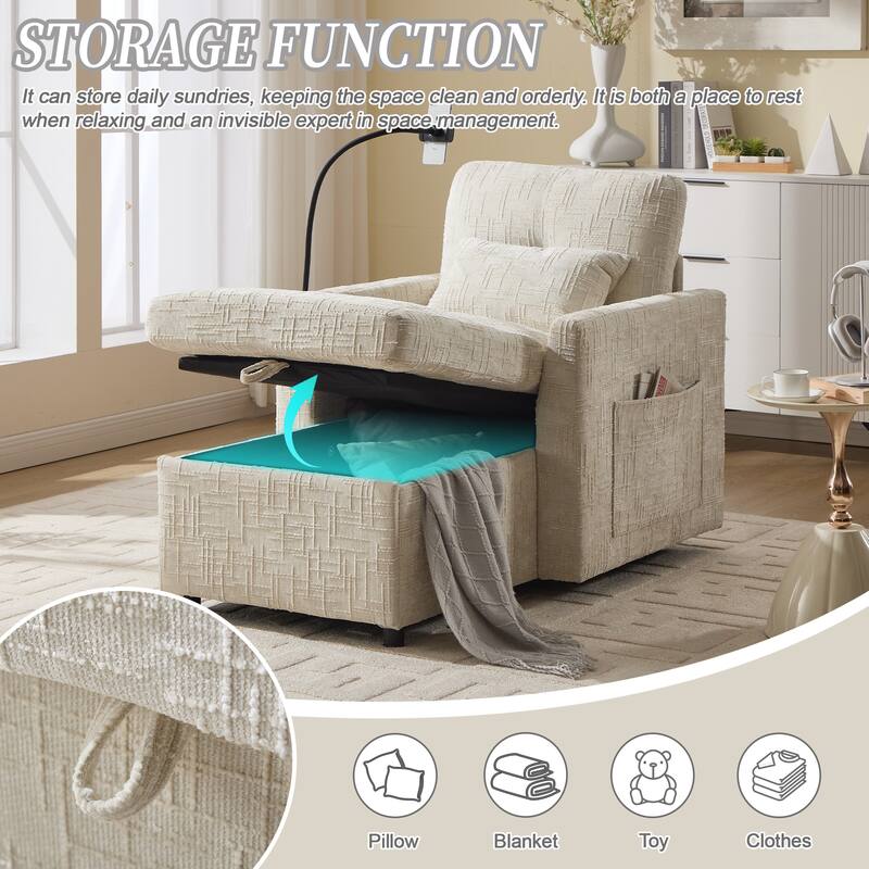 Multifunctional Lazy Person Sofa Recliner,Storage Backrest With Cell Phone Bracket Chenille Single Leisure Chair
