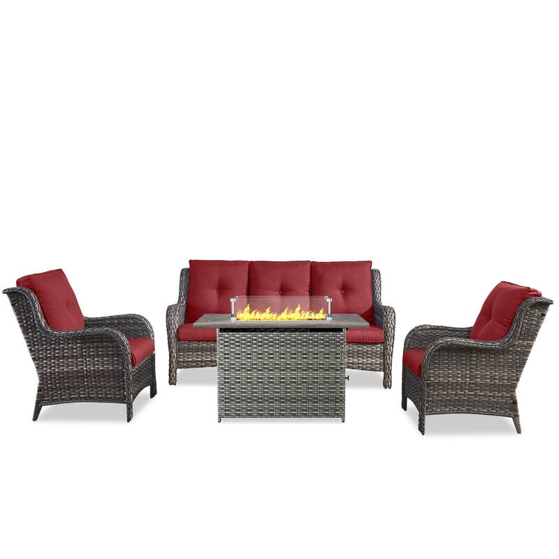 Fire Pit Table with Patio Sofa Club Chairs Grey-Red - Grey