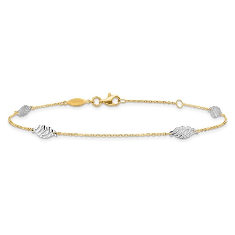 Curata Women's 14k Two-Tone Gold Textured and Polished Leaf Anklet - 10 Inch