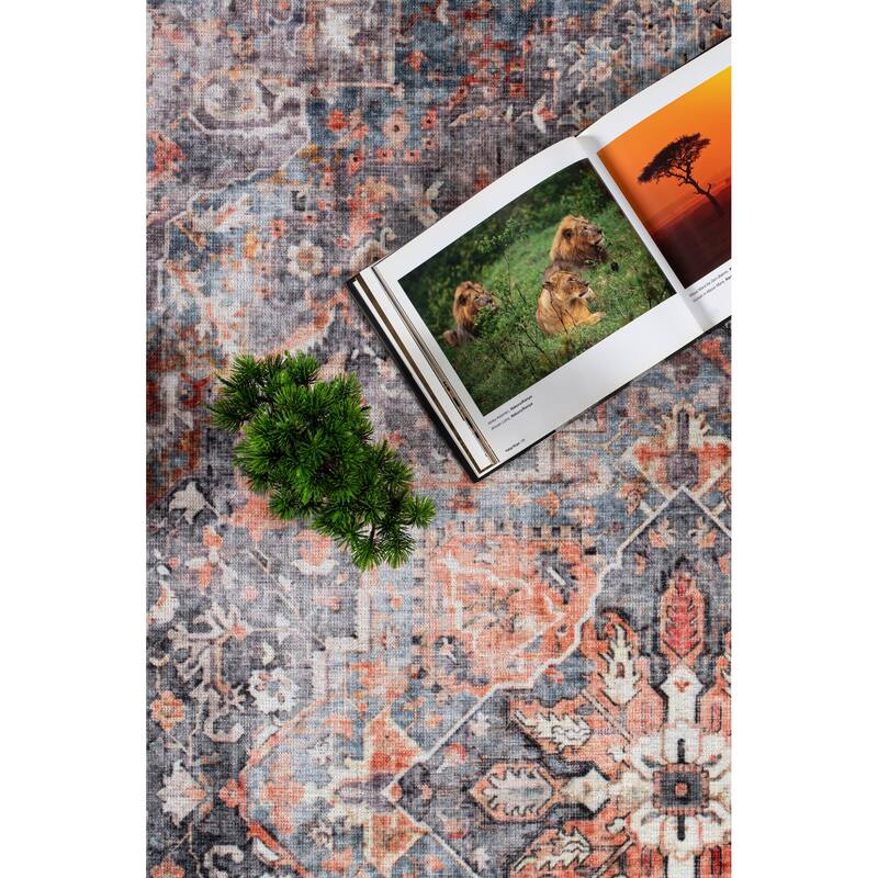 Machine Washable Collection Grey/Orange/Blue/Rust/Coral Abstract Area Rug