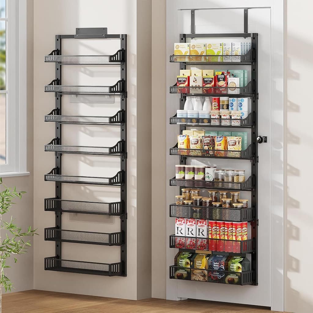 8-Tier Over the Door Pantry Organizer, Large Metal Door Spice Rack with Adjustable Basket - 6.4"D x 17"W x 70"H