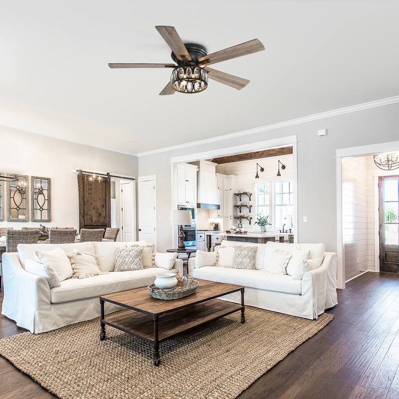 52 Inch Black Flush Mount Ceiling Fan with Light and Remote