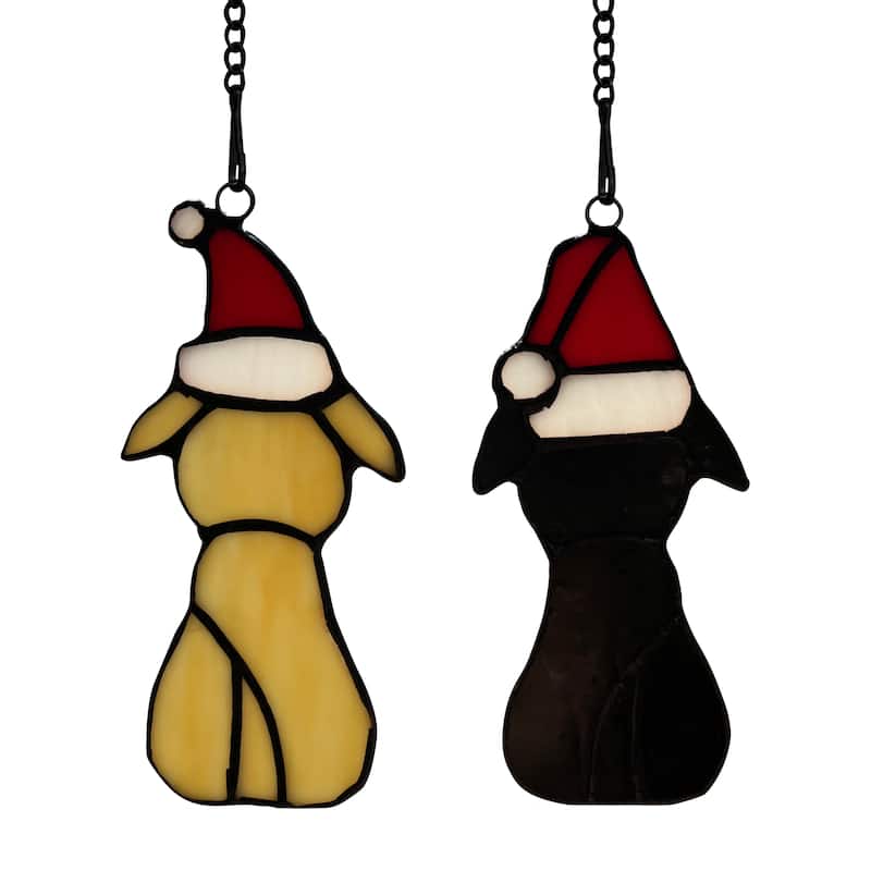 River of Goods Set of 2 "Precious Puppies" River of Goods Stained Glass Holiday Ornaments - 2.4" x 0.25" x 5.5"