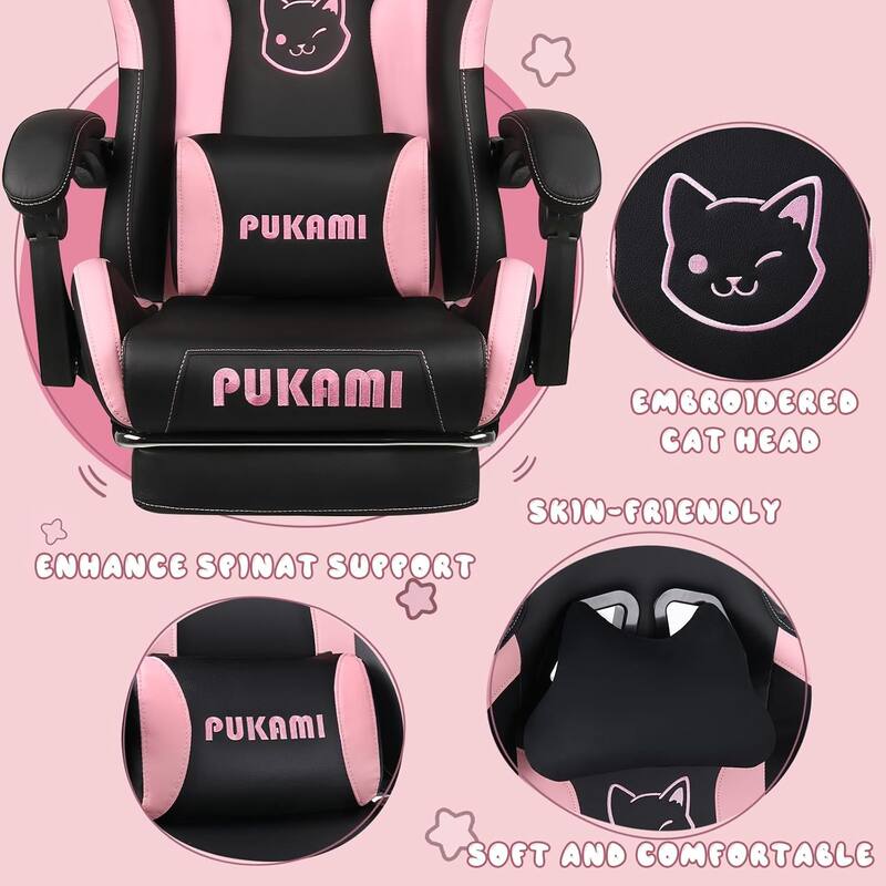 BOSSIN Gaming Chair with Cat Ears and Cat Paw Cushion Pillow,Cute Kawaii Reclining Computer Chair for Girl with Footrest