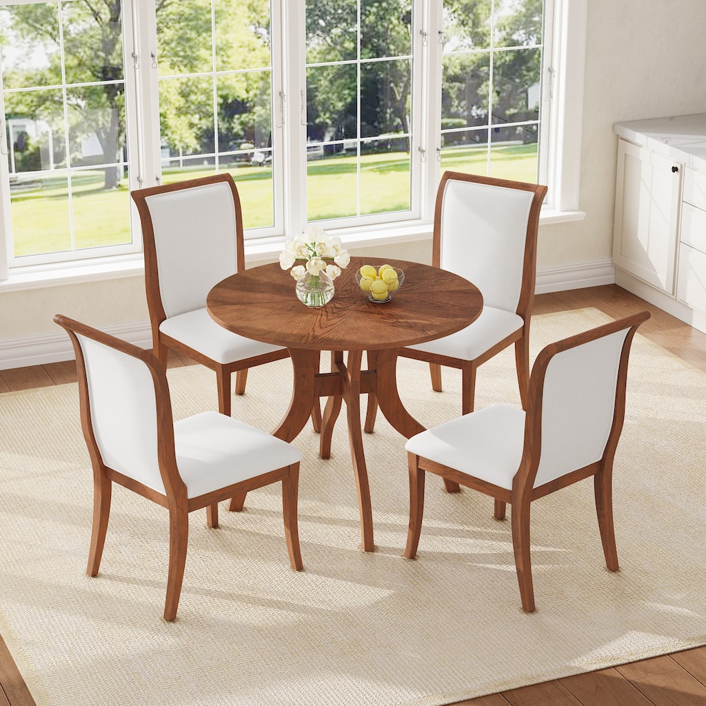 Dining Table Set with Round Table & 2 Chairs, Wood Kitchen Set with Inlaid Tabletop & Elegant Curved Legs