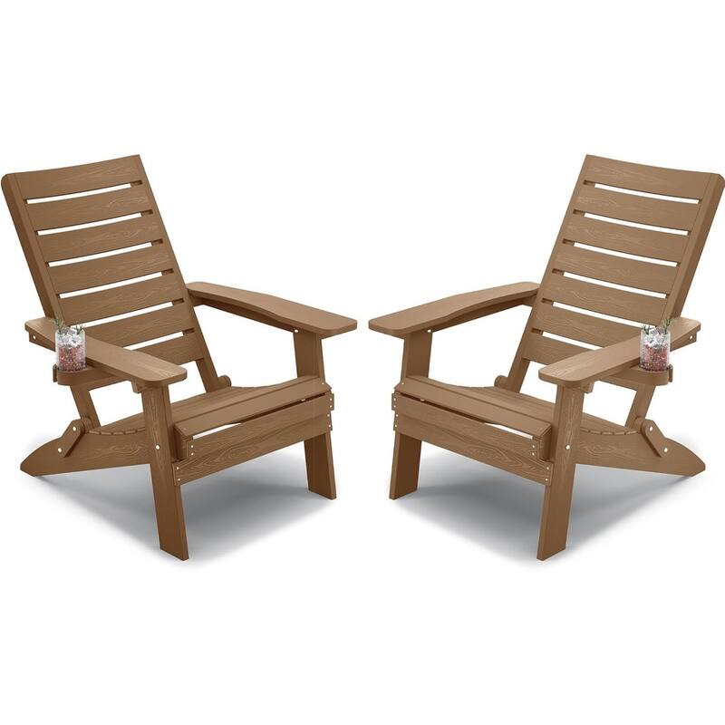 WINSOON HIPS All Weather Folding Adirondack Chairs with Arc Back & Cup Holder Set Of 2 - Teak