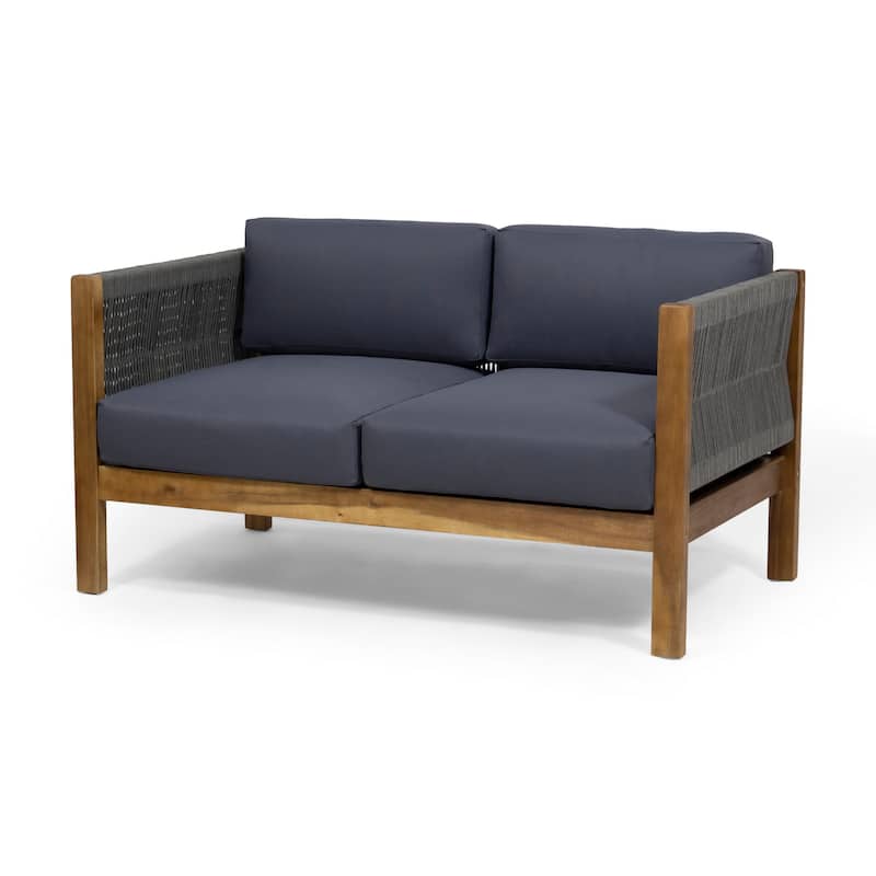 2pc Outdoor Loveseat Coffee Table Set, Brown Acacia Wood, Dark Gray