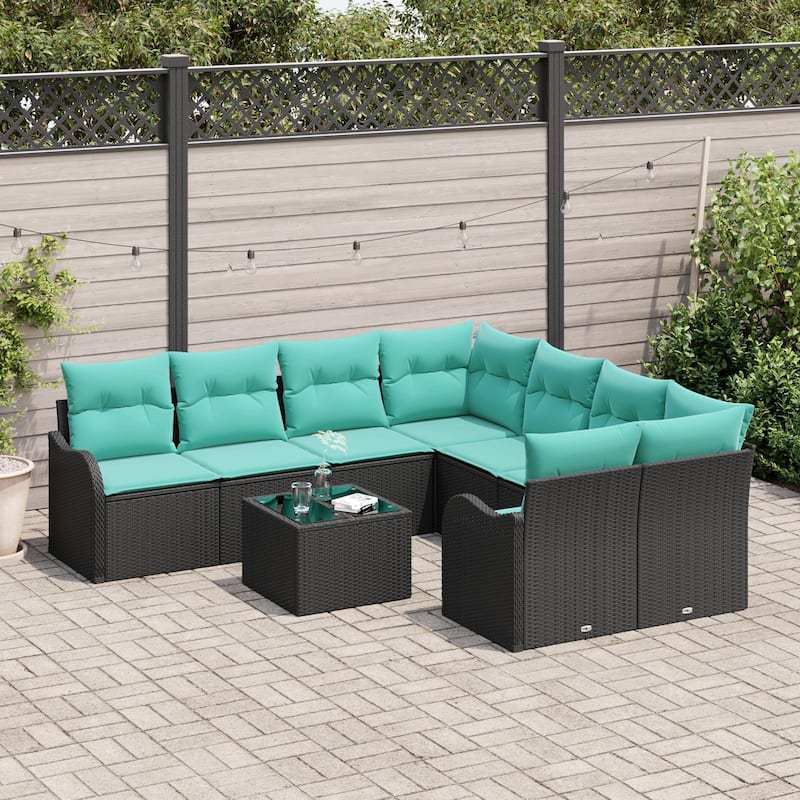vidaXL 9 Garden Sofa Set with Cushions Black/Brown/Grey Poly Rattan - 91.5 x 92.1 x 27.2