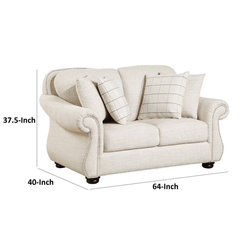 Boro Loveseat with 4 Accent Pillows, 64 Inch, Beige Fabric