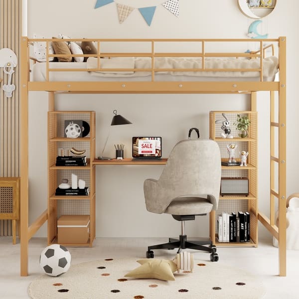slide 2 of 28, Multifunctional Design Full Size Loft bed with Built-in Desk Gold+Brown