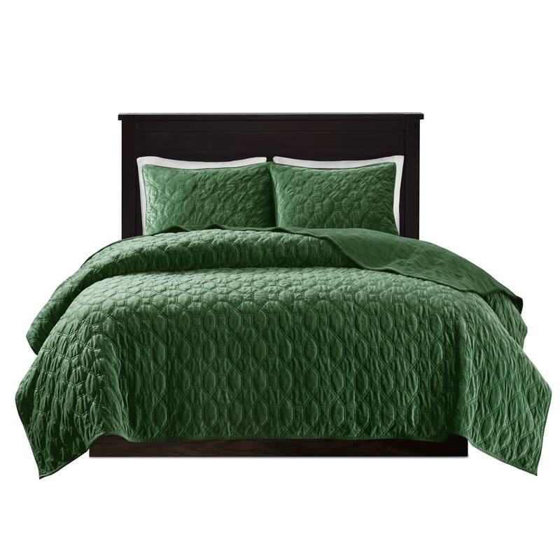 3 Piece Velvet Quilt Set Green Full Queen