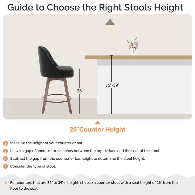 26" Counter Height Swivel Bar Stool, Upholstered Counter Stools - 39.37" (H) x 22.44" (D) x 21.65" (W)