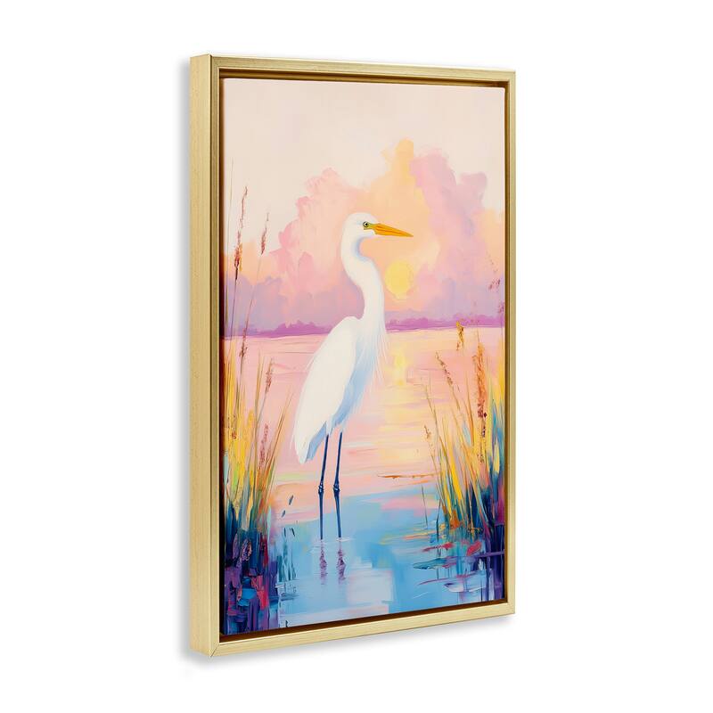 Stupell Egret under Beaming Sunset Framed Floater Canvas Wall Art Design By Arlington Prints