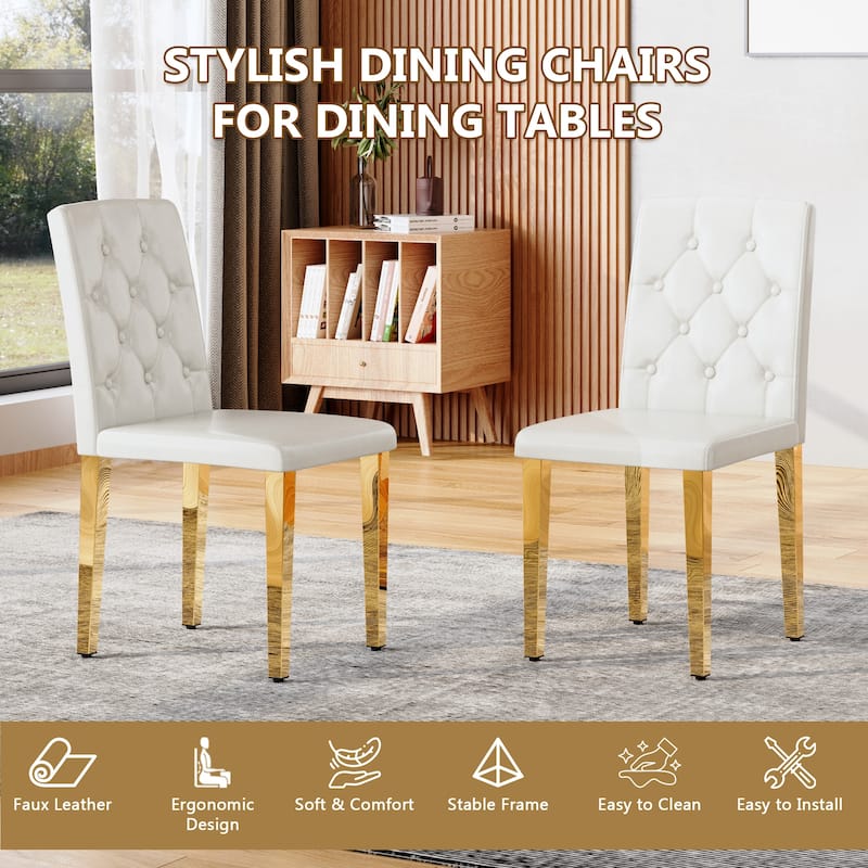 Set of 4 white PU dining chairs: ergonomic buckle backrest, 35 inches high, golden metal legs