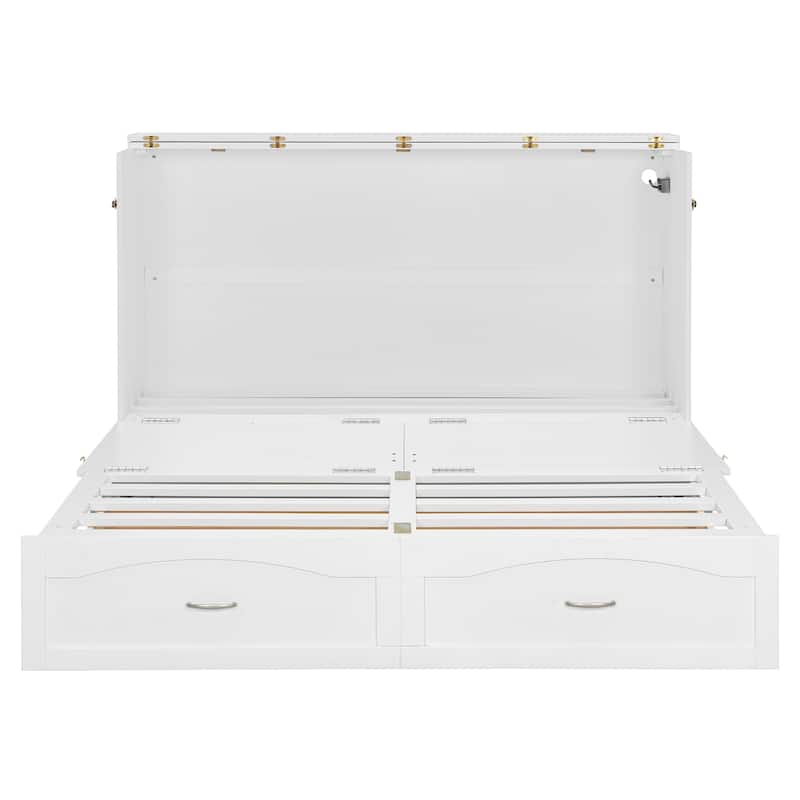 Folding Murphy Bed Queen Size Wall Cabinet Bed with Storage Drawer, Charging Station and Pulley Structure Design