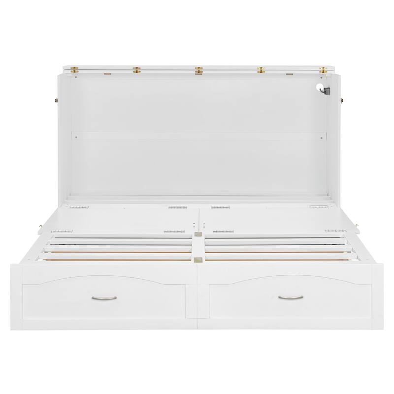 Queen Size Wall Bed with Drawers, USB Ports, and Smooth Pulley System, White