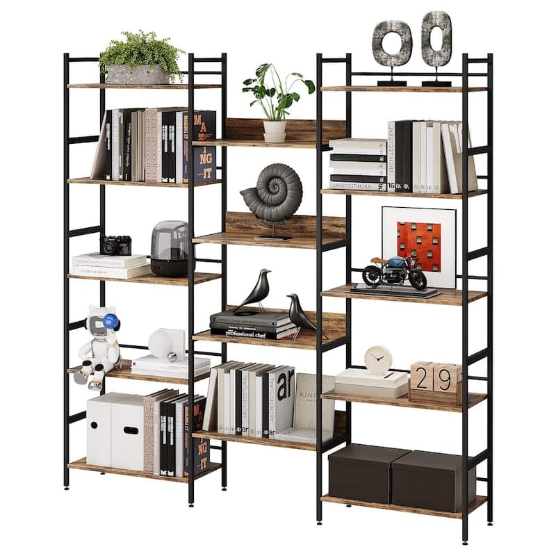 Triple Wide 5 Tier Bookshelf, Industrial Large Bookshelf with 4 Open Display Shelves