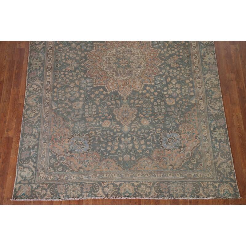 Green Tabriz Persian Vintage Area Rug Hand-knotted Wool Carpet - 6'5" x 8'11"