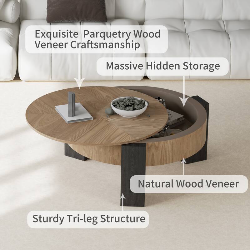 33" Round Coffee Table with Hidden Storage, Parquet Veneer Top Table, 3 Block Legs Sturdy Center Accent Table for Living Room