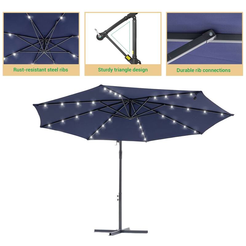 LIVOOSUN 10ft LED Patio Offset Umbrella With Cross Base
