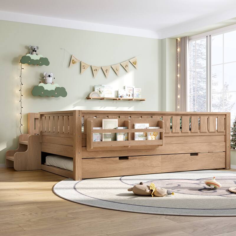 Montessori Toddler Bed with Fence, Low Profile Platform Bed for Kids with Trundle, Built-in Bookshelf and Small Staircase - Natural - Full