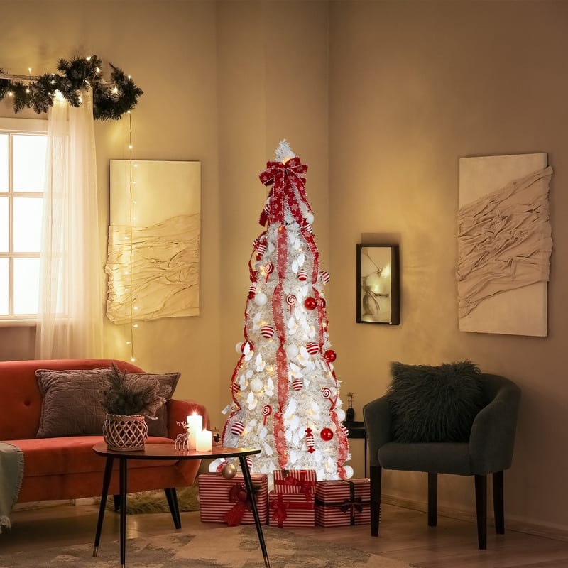 6 FT Fully Decorated Pre-lit Christmas Tree, Pop Up Artificial Xmas Tree for Home Office Store Holiday Deco, White