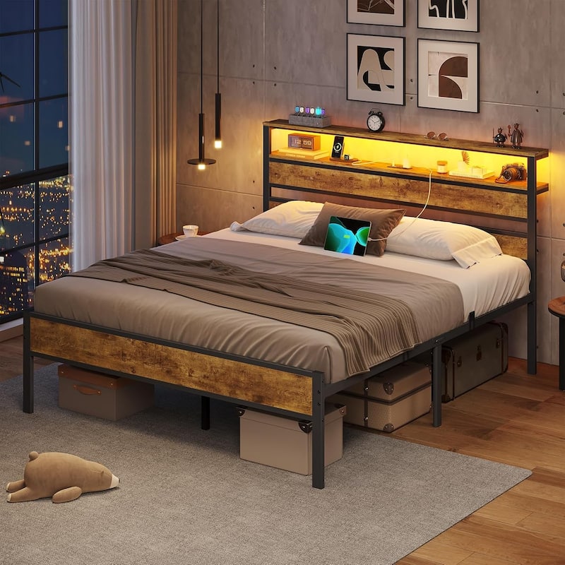 LED Bed Frame with 2 Tier Storage Headboard & Charging Station - Queen