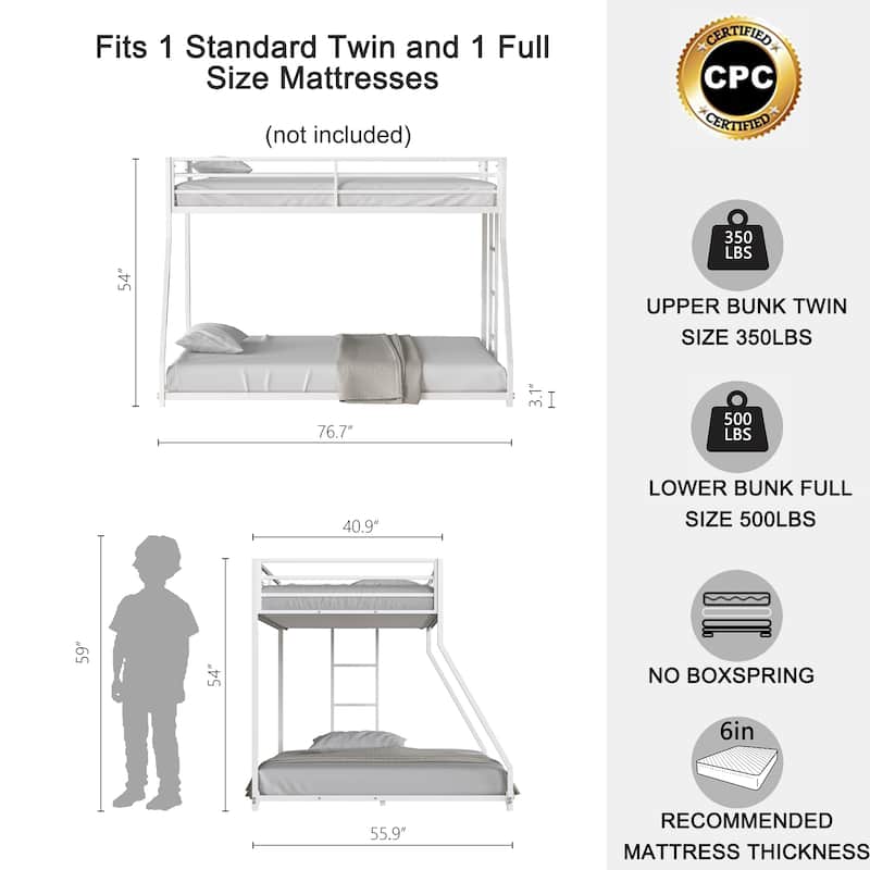 Heavy-Duty Twin Over Full Metal Bunk Bed, No Box Spring Needed