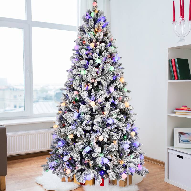 7.5ft Flocked Christmas Tree with 400L Colorful LED Lights with G45 ballMemory Wire,10 Lighting Modes,Foot Switch