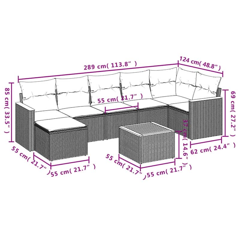 vidaXL Patio Sofa Set with Cushions Outdoor Conversation Furniture Poly Rattan - 24.4 x 24.4 x 27.2 in